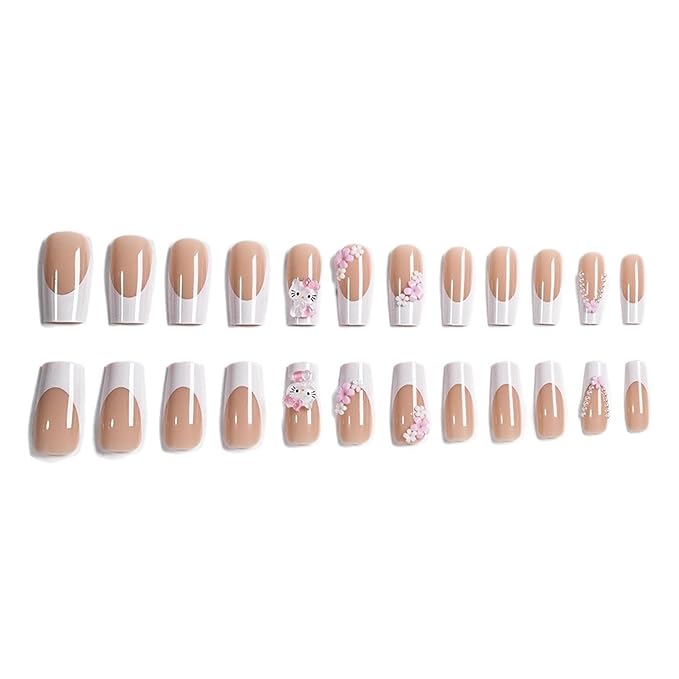 24Pcs Cartoon Press on Nails, Cute Fake Nails Medium Length with Pearl and Flower Designs Cute Cat Full Cover Coffin False Nail Stick on Nails White French Tip Press on Fingernails for Women
