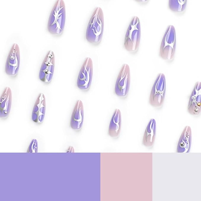 Ombre Purple Press on Nails Medium Almond False Nails with Silver Flame Designs 3D Pearl Fake Nails Glossy Rhinestones Glue on Nails Full Cover Reusable Stick on Nails for Women Girls Manicure 24Pcs