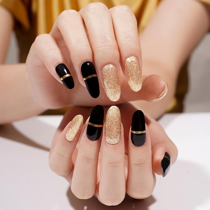 Semi-Cured Gel Nail Strips - 20 Salon-Quality Gel Sticker with UV Light Required, Long Lasting, Easy Application & Removal, Includes Prep Pad, Nail File, Wooden Stick (Black Tie)