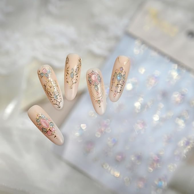 Silver Nail Stickers 3D Self Adhesive Laser Gem Nail Art Stickers 5D Embossed Aurora Star Jewelry Ribbon Nail Decals Vintage Style Totem Nail Art Supplies Diamond Nail Design for Women Girls 1 Sheets
