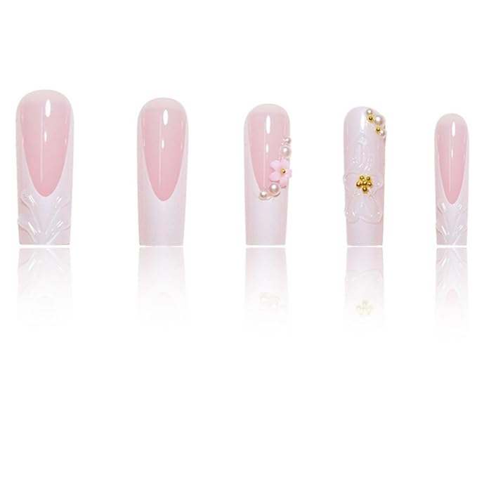 Long Square Press on Nails Pink and White French Tip Fake Nails with 3D White Flower,Pearl and Rhinestone Decor for Women 24pcs