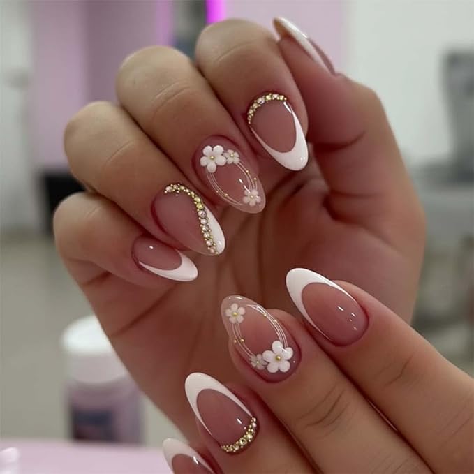 Press on Nails Almond Painted Flowers French Fake Nails French Fake Reusable Nail Kit with Nail Glue Adhesive Tabs Mini Nail File for Women Manicure Art Decoration 24PCS