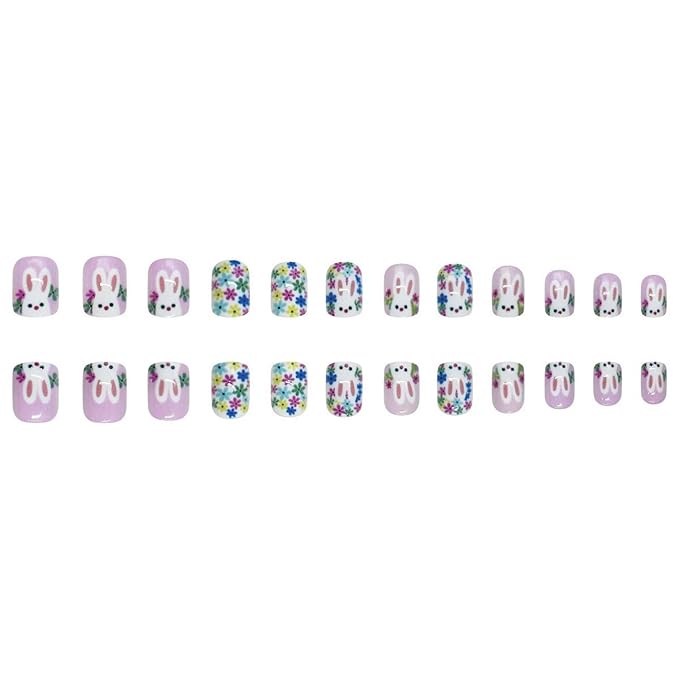 24 Pcs Easter Press on Nails Cute White Bunny Fake Nails Short Square Acrylic Nails with Colorful Flower Designs Full Cover Glossy False Glue on Nail for Women Easter Manicuare Art Decoration