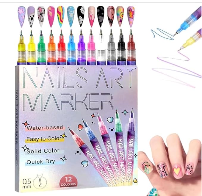 NEW 12 Colors Nail Arts Markers Pens Set, Nail Markers for Nail Arts, Suitable for Nail Arts, Nail Painting, And Artistic Decorations; Suitable for Everyone（12 Colors）