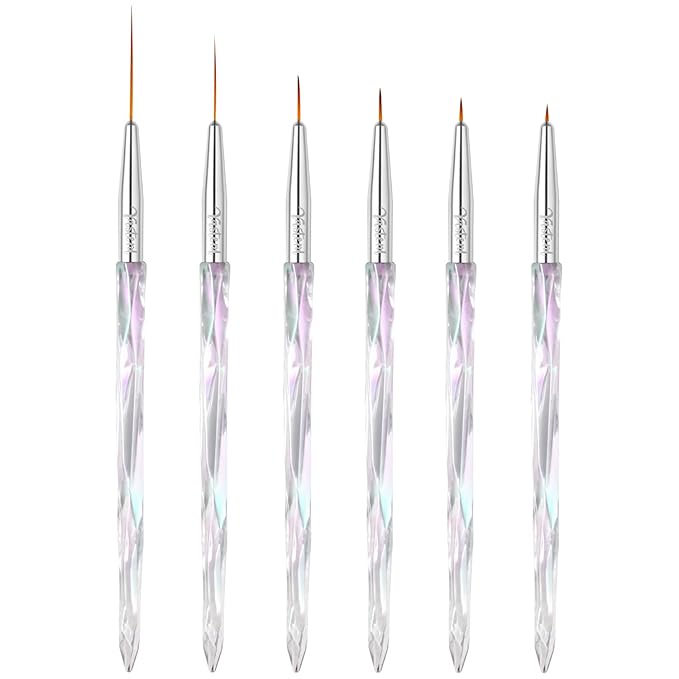 Yasterd Nail Art Liner Brushes, UV Nail Gel Polish Painting Nail Art Design Brush Pen Set for Long Lines, Short Strokes, Details, Blending, Elongated Lines Sizes 5/7/9/11/20/25mm Crystal Handle 6Pcs
