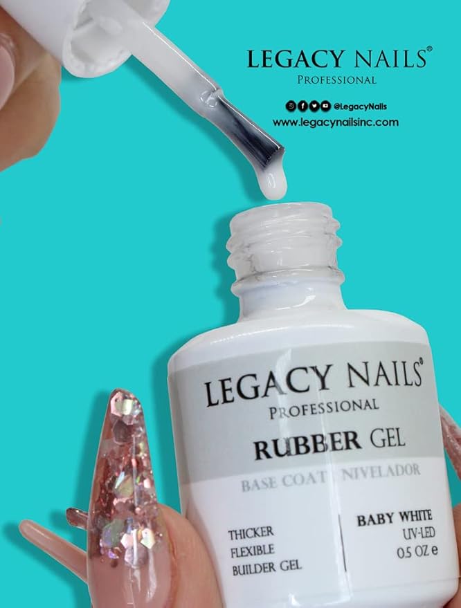 LEGACY NAILS Professional Rubber Gel Base-Coat 0.5 fl oz. Nivelador UV-LED Full Coverage Elastic Thick Flexible Gel Base Coat Builder (BABY WHITE)
