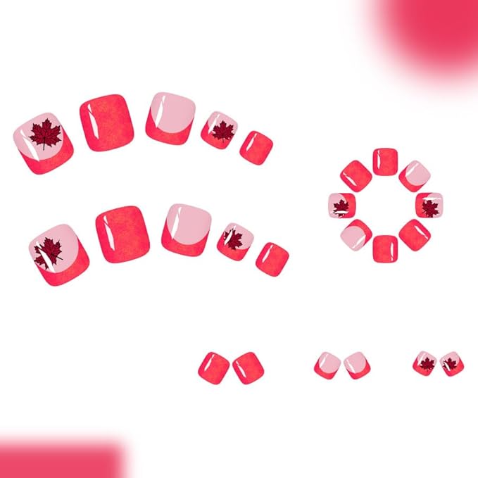 Autumn Press on Toenails Short Square with Maple Leaf Fake Toenails French Tips Glitter Designs Fall Red Glitter Full Cover Acrylic Glue on Toenails for Women Manicure Decoration 24Pcs
