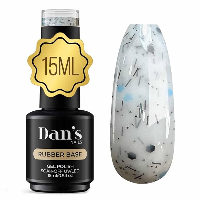Dan's Nails Cosmo Dots - Milky Rubber Base Gel Polish Coat with Blue and Black Glitter Flakes | Terrazzo Effect Soak-Off