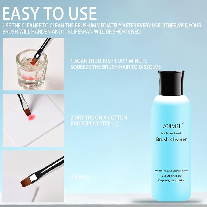 Aijimei Acrylic Nail Brush Cleaner - Liquid Paint Brush Cleaner for Nails Artists (250ml/8.5 FL.OZ)