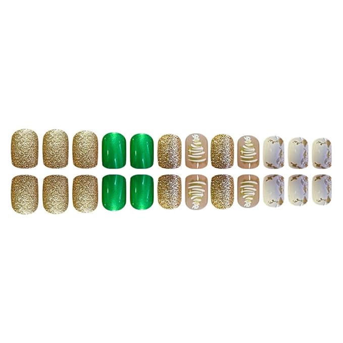 Christmas Press on Nails Short Square Fake Nails Christmas Tree False Nails Gold Glitter Full Cover Stick on Nails Winter Xmas Acrylic Nail for Women Manicure Nail Decoration