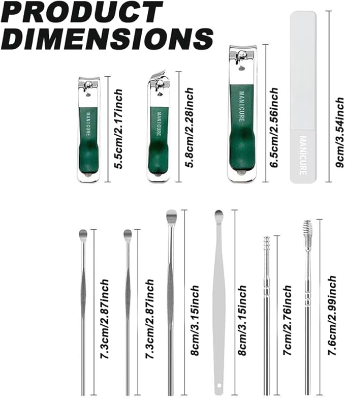 NOVANO 10-Piece Nail Clippers Set, Stainless Steel Manicure Pedicure Kit with Portable Travel Case - Professional Grooming Tools for Fingernails/Toenails, Ideal Gift for Men & Women (Green)