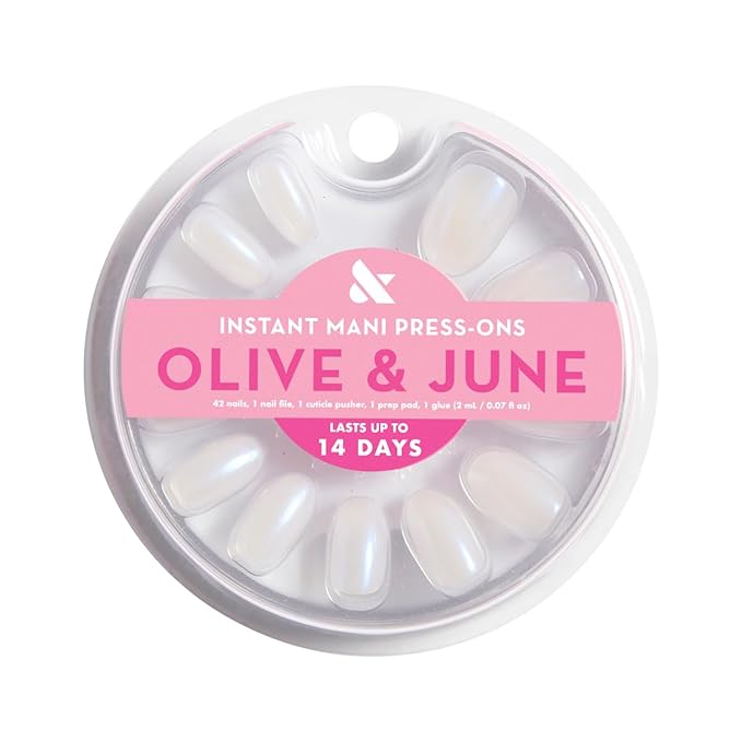 Olive & June Instant Mani Press-On Nails (Glue) | 42 Fake Nails, 21 Sizes | Non-Toxic, Long-Lasting Recycled Materials Realistic Look | Spring Flowers & Patterns | Medium, Oval | Pink Goldfish