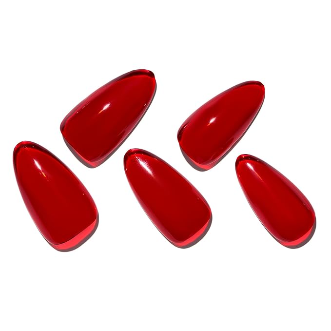 GLAMERMAID Ruby Red Press on Nails Medium Almond, Handmade Jelly Soft Gel Deep Dark Red Glue on Nails Stiletto, Burgundy Emo Fake Nails Short Oval, Reusable Acrylic Stick on False Nails Kit for Women