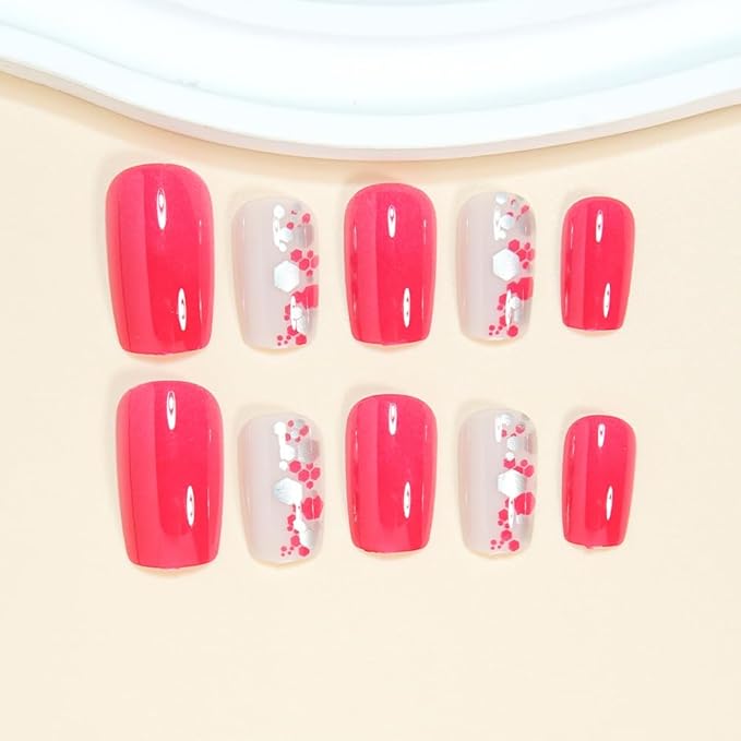 Rose Red Short Press on Nails Square Fake Nails with Designs Full Cover Glossy False Nails Artificial Acrylic Nail Press ons Reusable Short Nails Pink Glue on Nail for Women Manicure Kit 24Pcs