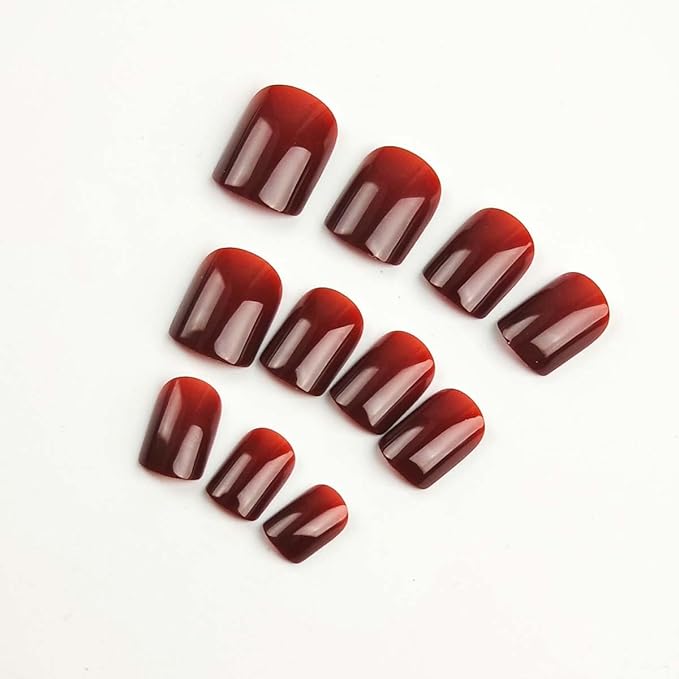 Dark Red Press on Nails Short Square Fake Nails Solid Color False Nails Press ons,Reusable Artificial Nails with Jelly Adhesive Tabs,Glossy Full Cover Stick on Nails for Women Manicure 24 Pcs