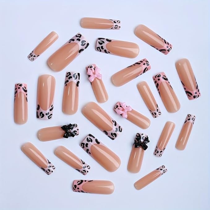 Square Press on Nails Long Pink Fake Nailwith Black and Pink Bow Acrylic Nail Press ons Leopard Stick on Nails for Women 24pcs