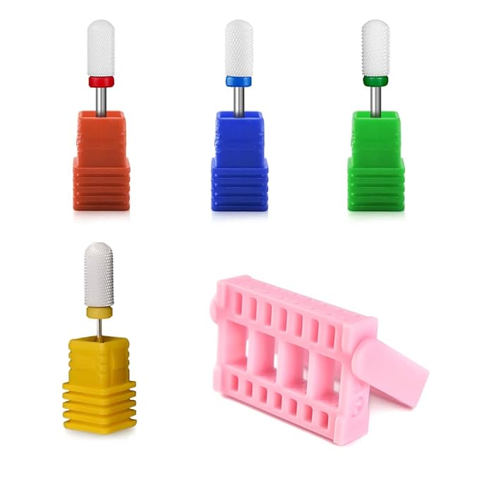 4 pcs Round Head Ceramic Nail Drill Bit with 1 pcs Nail Drill Bit Storage Box For Electric Nail Drill Manicure Machine Accessories Tool (Set)