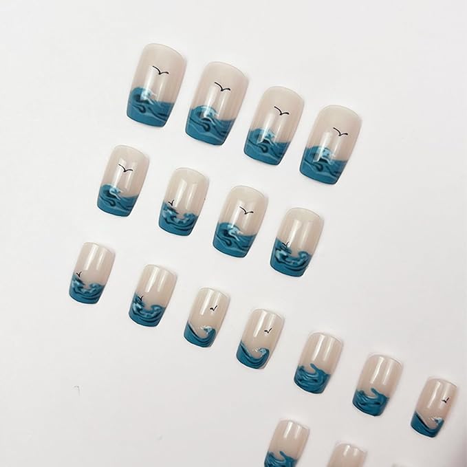Summer Press on Nails Medium Square Fake Nails Beach False Nails French Tip Nails Press ons with Wave Designs Acrylic Nail Full Cover Glue on Nails Artificial Stick on Nails for Women Manicure 24Pcs