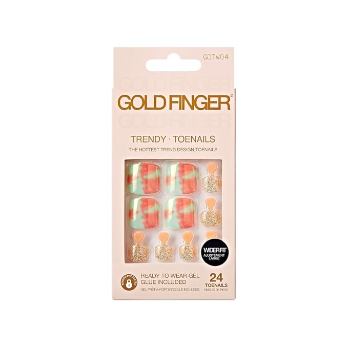 GoldFinger Trendy Press On Fake Toenail Kit Wider Fit, Marble Abstract Print & Glitter Sprinkle Color, Ready to Wear Gel & Manicure Stick, Mini Glue included, Long-Lasting Convenient & Easy to Apply