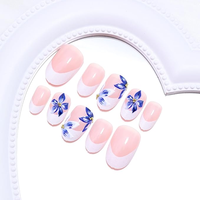 24Pcs White French Tip Press on Nails Short Almond Fake Nails with 3D Gold Beads Designs Blue Flower Acrylic Nails Glossy Full Cover False Nails Spring Glue on Nails Floral Artificial Nails for Women