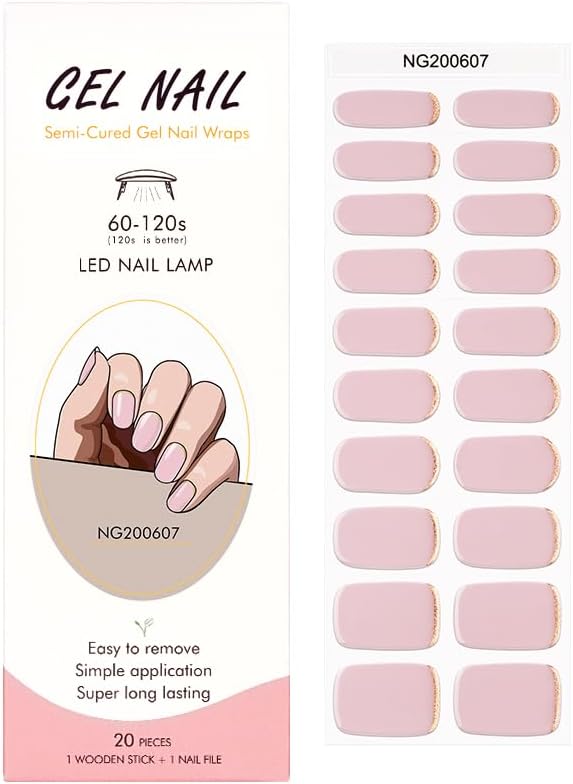 Semi Cured Gel Nail Strips 20 Pcs Nude Pink Gel Nail Wraps, Stickers, UV Light Required Nail Art Design Decoration Accessories