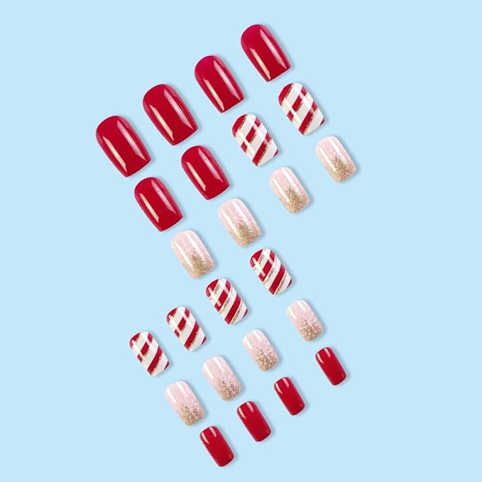 24Pcs Medium Press on Nails Square Christmas Fake Nails White Snowflakes Full Cover False Nails with Golden Glitter Powder Design Acrylic Nails Reusable Stick On Nails For Women and Girls
