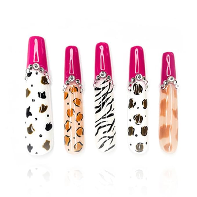 2025 100% Handmade Nails Long and Reusable PMMA Acrylic Press on Nails With Rhinestone Zebra French Design Reusable Full Coverage Fake Nails Handmade Nails Ladies Fake Nail Set (Zebra, M)