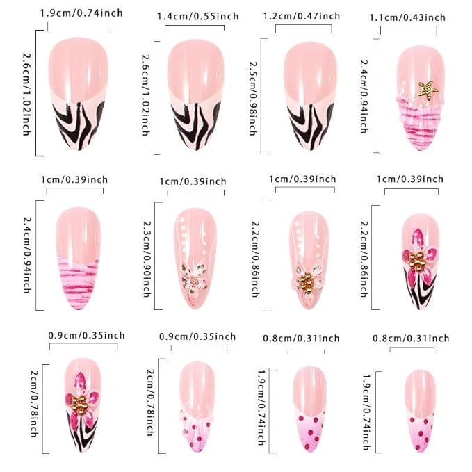 Long Almond Press on Nails Fake Nails Gradient Floral Animal Print Stick on Nail for Women 24pcs