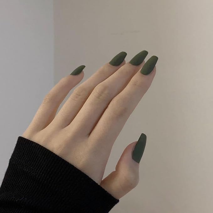 Matte Green Press-On Nails, Long Almond Fake Nails with Adhesive Tabs & Glue for Women (24 Pcs)