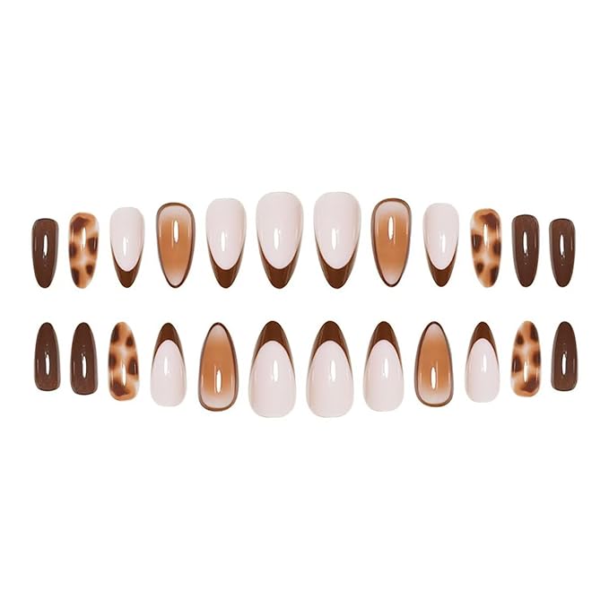 Press on Nails Medium Almond MABKJLF French Tip Fake Nails False Nails with Tortie Designs Brown Glossy Glue on Nail Fall Acrylic Nails for Women Girls 24Pcs