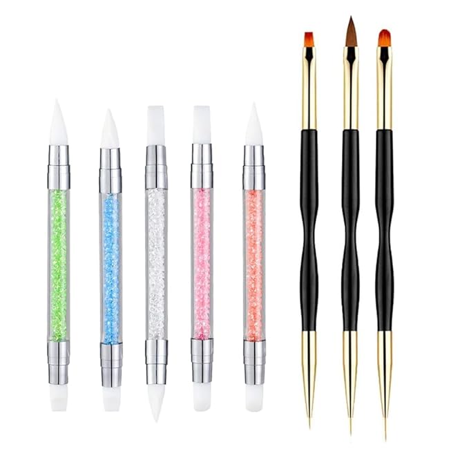 5PCS Dual Tipped Nail Art Sculpture Pen with 3PCS Nail Painting Brushes, Silicone Nail Polish Brushes Carving Drawing Tool, Acrylic Rhinestone Handle, Nail Art Design Tools