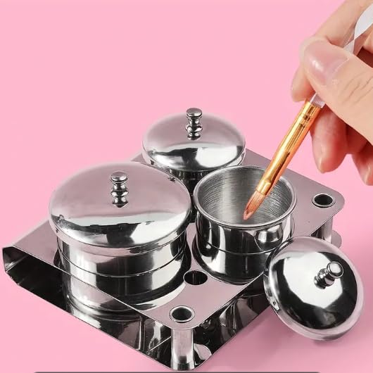 Manicure Stainless Steel Cup Set Nail Art Acrylic Liquid Holder Professional Stainless Steel Storage Box Acrylic Powder Organizer Tray (3PCS)