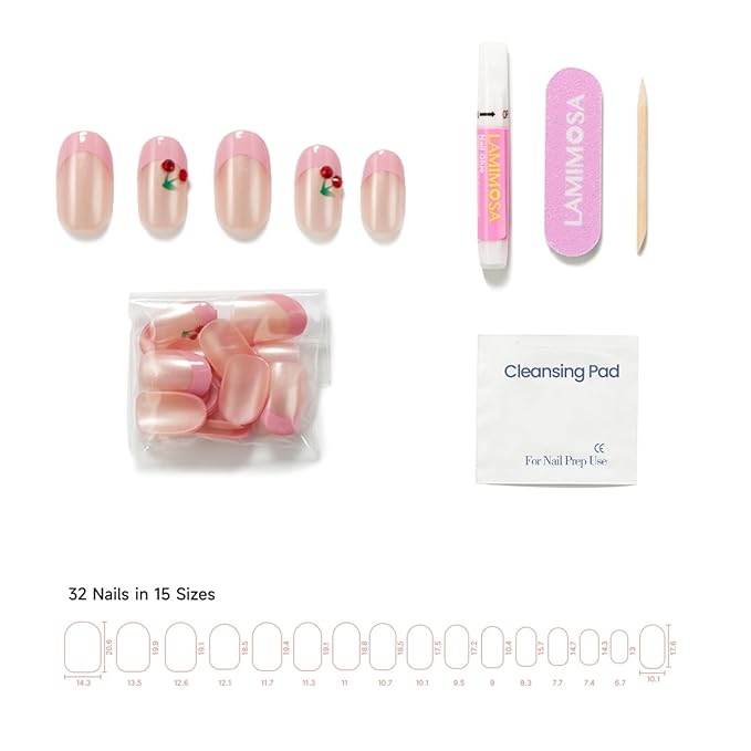 LAMIMOSA 32Pcs Pink French Tip Press On Nails Short Round - Soft Gel Fake Nails in 16 Sizes with 3D Cherry Accents, Reusable Glue on Nails Kit, CHERRY ON TOP