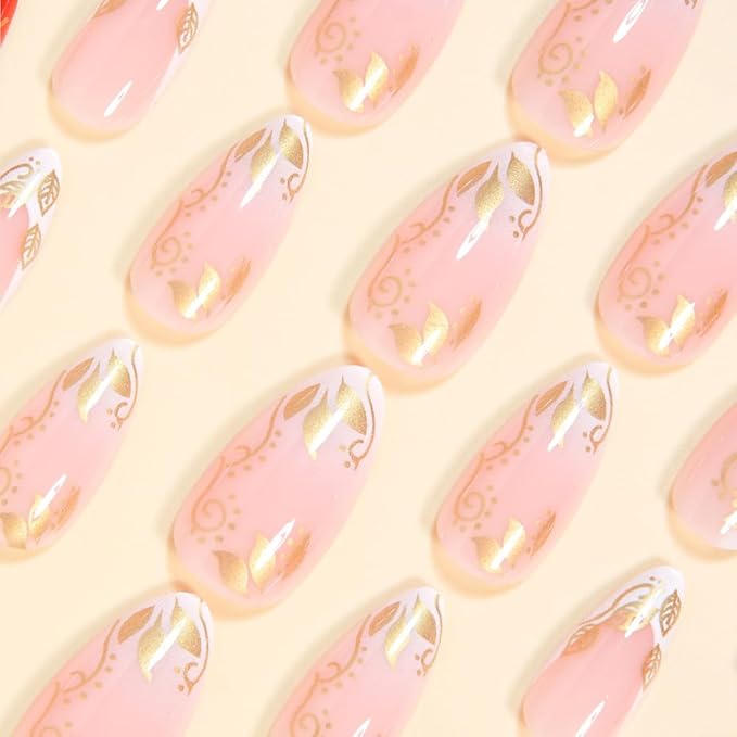 Gold Leaf Press on Nails Medium Almond Fake Nails White French Tip False Nails with Golden Line Design Glue on Nail Glossy Acrylic Artificial Stick on Nails for Women Girls 24Pcs