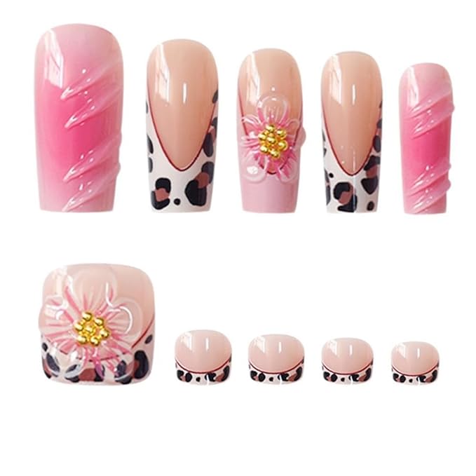 5D Flower Press on Toenails Long Square Press on Nails Leopard French Tips Fake Nails with 3D Floral Design Glossy Ombre Pink False Nails Reusable Summer False Toenails for Women Girls Manicure 48Pcs