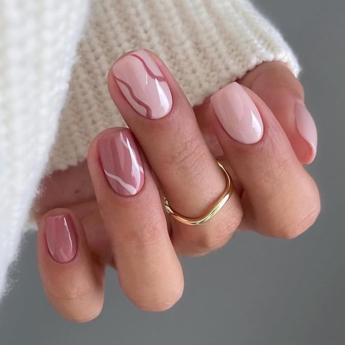 Square Press On Nails - Pink False Nails with Line Design, Glossy Full Cover, Reusable Artificial Nails for Women's Manicure, 24 Pcs