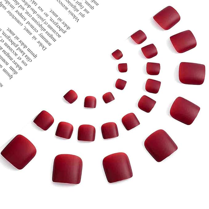 Solid Square Fake Toenails matte Press on Toe Nails Short Acrylic False Toes Nails Artificial Beach Full Cover Toenail for Women 24 Pcs (Wine Red)