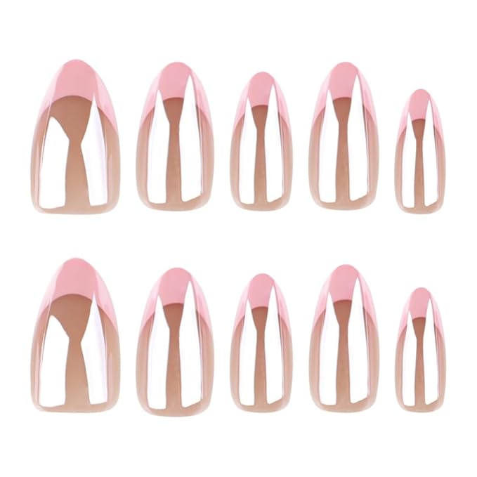 French Tip Press on Nails - Pink Fake Nails Press ons - Almond Chrome False Nails - Medium Glue on Nails - Cute Acrylic Stick on Nail for Women Nail Manicure 24Pcs