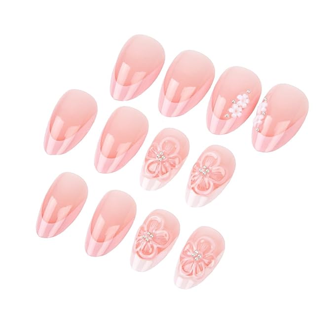 Short Press on Nails Almond - French Tip Fake Nails with 3D Flower Design - Pink Glossy Full Cover Stick on Nails for Women Manicure 24 Pcs
