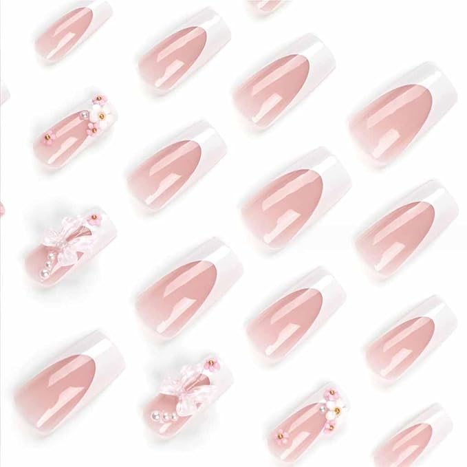 Press on Nails Medium Long Rhinestone Pink Fake Nails Square Bling Glossy 3D False Nail Tips Artificial Nails Finger Manicure for Women and Girls-24pcs