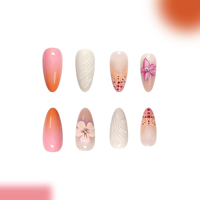 Summer Press on Nails Almond - Medium French Tip Fake Nails 3D Flower Fake Nails Press ons with Silver Beads Design, Glossy Acrylic Nails Full Cover Glue on Nails for Women Manicure 24Pcs