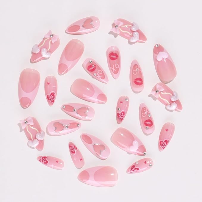 24Pcs Valentines Press on Nails Medium Almond Fake Nails with 3D Rhinestones Design Lip Heart Glue on Nails Cute Bow False Nails Glossy Full Cover Pink Acrylic Nails for Women Valentines Manicure