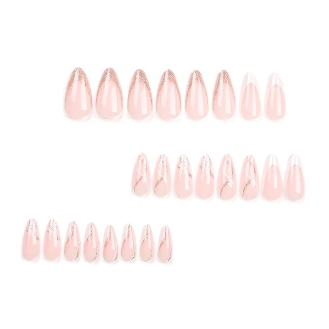 White French Tip Press on Nails Almond Medium Fake Nails False Nails with Design Glitter Swirl Glossy Full Cover Acrylic Glue on Nails Artificial Stick on Nail for Women Manicure 24Pcs