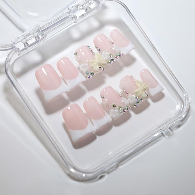 10Pcs Duck-shaped Handmade Press On Nails | French Style with 3D Floral & Rhinestone Decor | Easy to Apply, Remove & Reusable, Salon - Quality (25104, S)