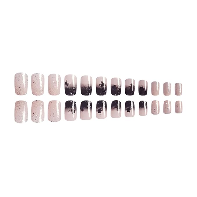 Halloween Press on Nails Medium Square French Tip Fake Nails Black Glitter Gradient Acrylic Nails with Spider Design Glossy Full Cover Glue on Nails Reusable Stick on Nails for Women 24 Pcs