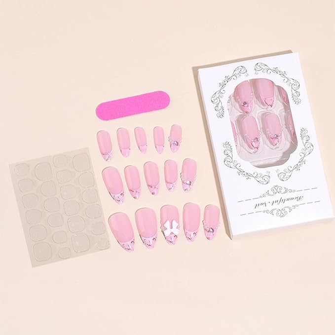 Press on Medium Nails - Almond Fake Nails with Bow Charms Design - Pink, French Tip False Nails - for Women 24 Pcs