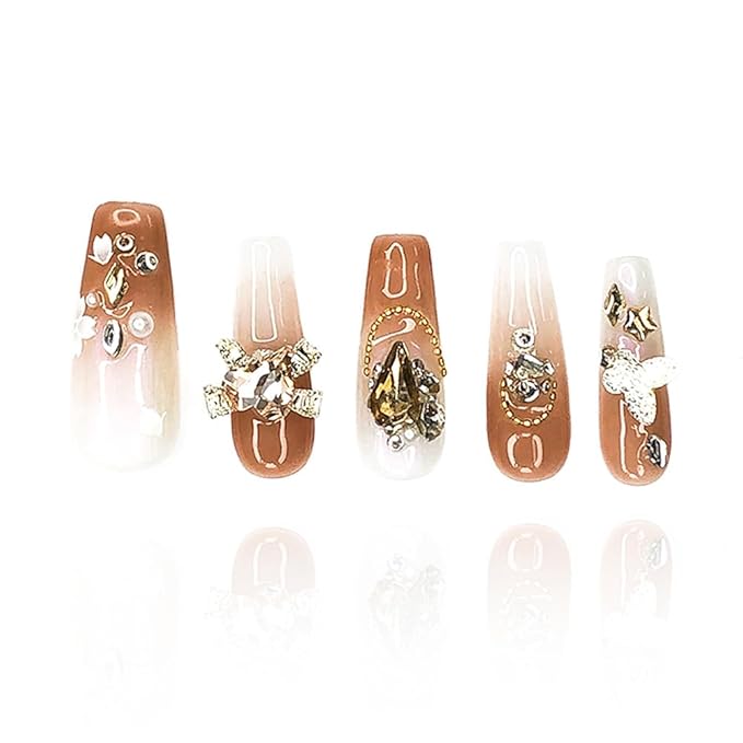 2025 Handmade Medium Nail Reusable PMMA Acrylic Press-on Nail Mixed Color Gradient w/Butterfly Petal Rhinestone Decoration Fake Nails Gifts for Women (Color Mixing Gradient, Medium)