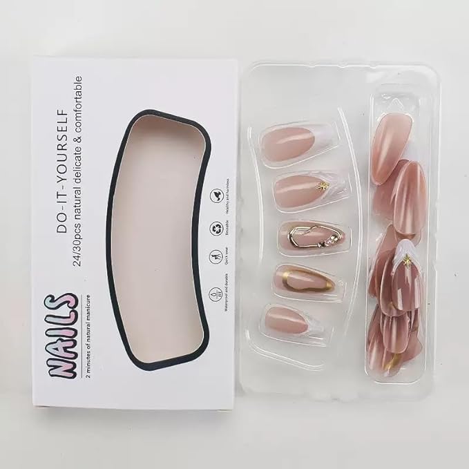Press on Nails Almond - White French Tip Fake Nails with Gold Line Design - Glossy, Medium Fasle Nails for Women 24 Pcs