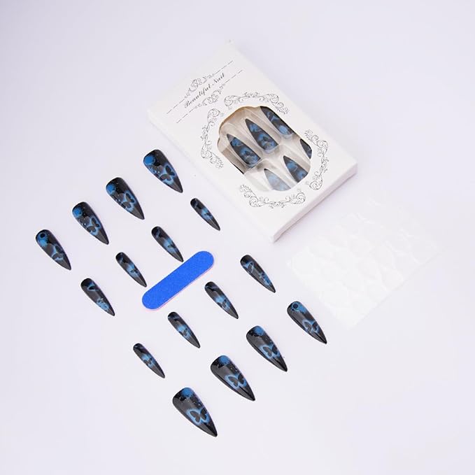 Halloween Fake Nail - Gothic Press on Nails | Long Stiletto False Nails with Blue Butterfly Designs,Full Cover Glossy Acrylic Nails,Stick on Nails for Women Girls Halloween Manicure 24Pcs