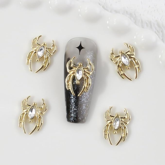 30PCS Halloween Nail Art Charms,Spider Metal Dark Gothic Alloy Diamond for Women Girls Halloween Nail Decorations Design(Golden Spider-White Diamond)